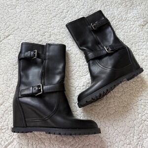 The Original Car Shoe Prada Black Leather Wedge Moto Boots Women's 40 Combat Y2K